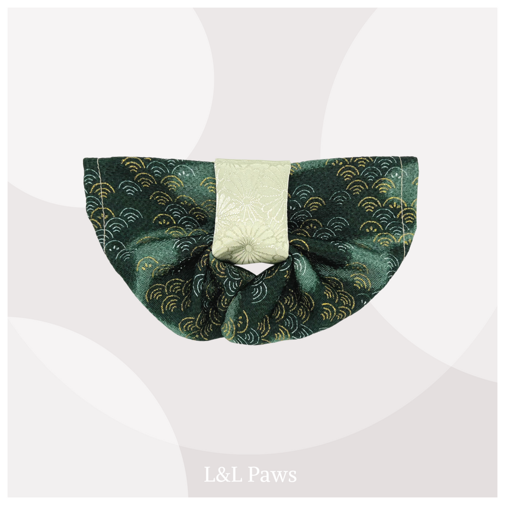 Seigaiha Wave Deep Green- Chirimen - Obi Bandana