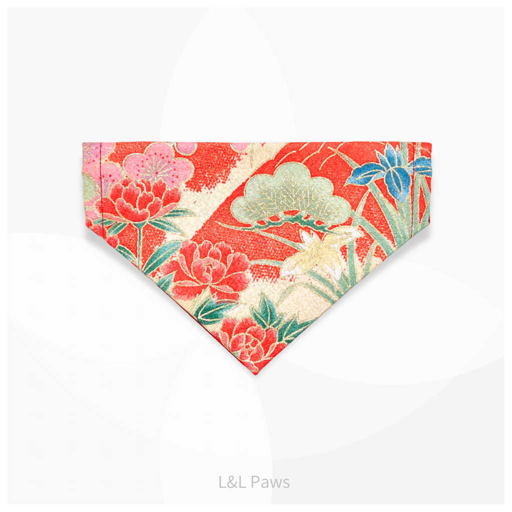 金彩友禅の和バンダナ 赤b Authentic Japanese Bandanas 和なバンダナ 犬 猫 ペット 和柄 日本製 手作り ギフト エルエルポウズ