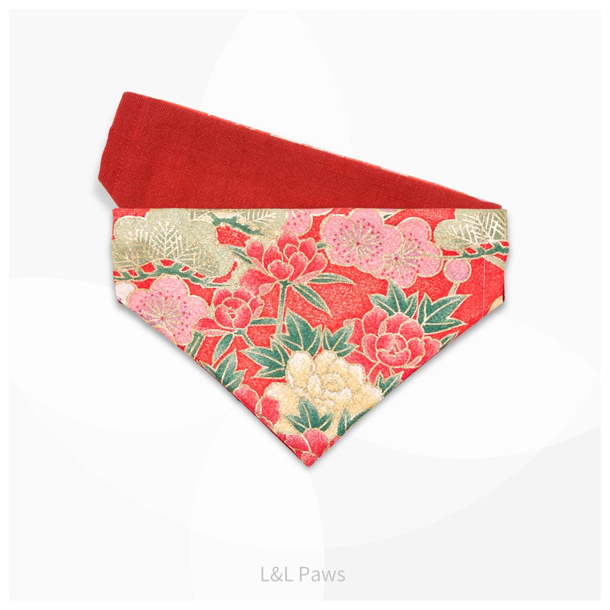 金彩友禅の和バンダナと首輪のセット 赤b Authentic Japanese Bandanas 和なバンダナ 犬 猫 ペット 和柄 日本製 手作り ギフト エルエルポウズ