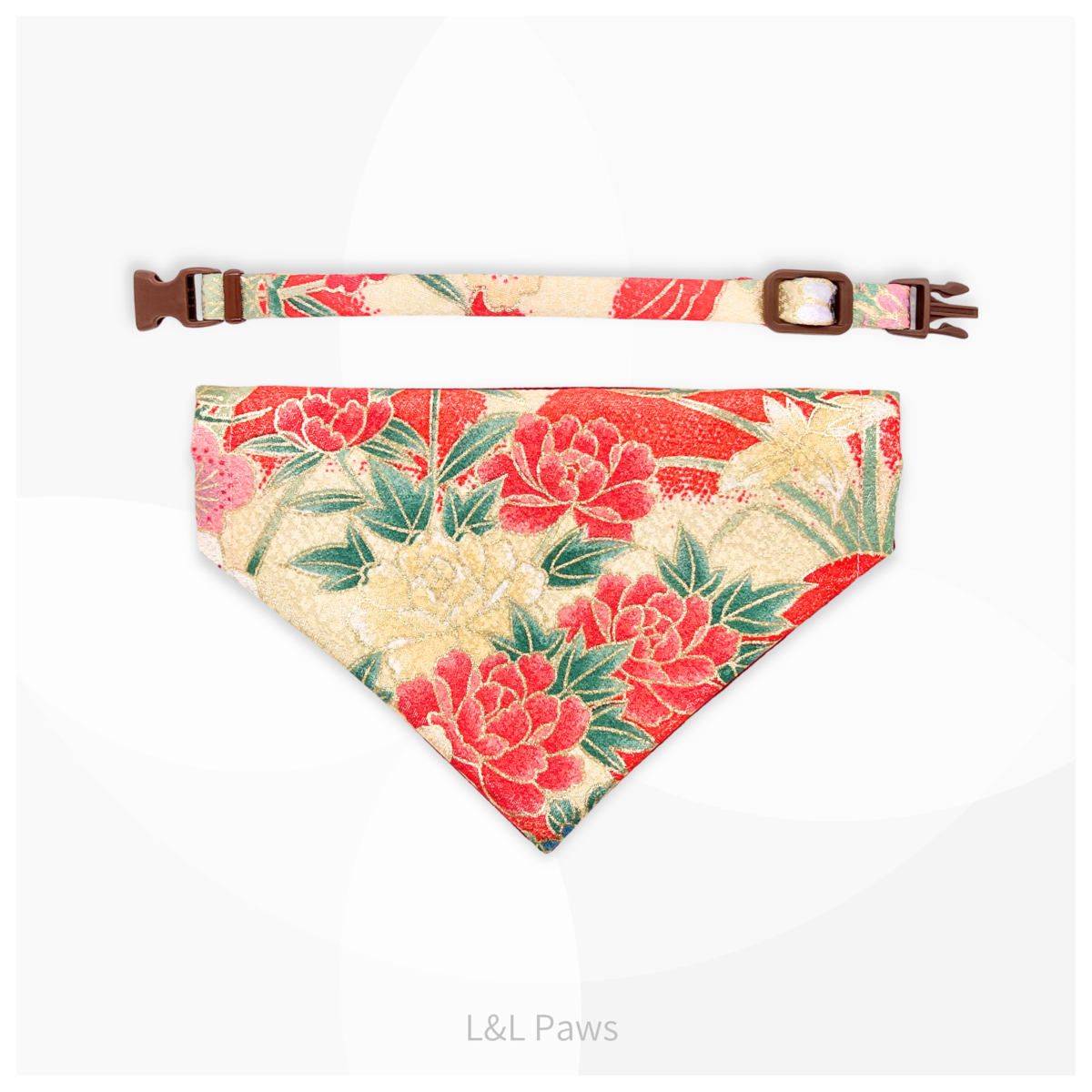 金彩友禅の和バンダナと首輪のセット 赤a Authentic Japanese Bandanas 和なバンダナ 犬 猫 ペット 和柄 日本製 手作り ギフト エルエルポウズ