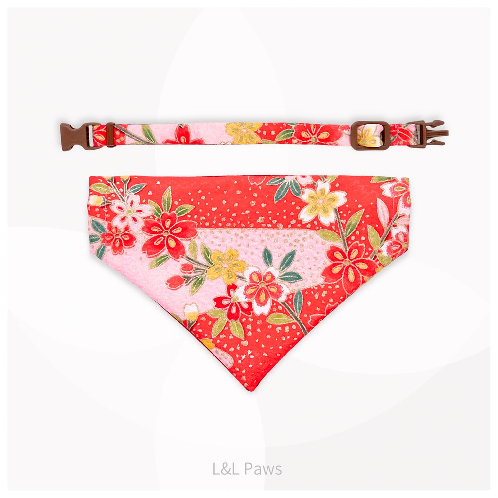 金彩友禅の和バンダナと首輪のセット ピンクa Authentic Japanese Bandanas 和なバンダナ 犬 猫 ペット 和柄 日本製 手作り ギフト エルエルポウズ
