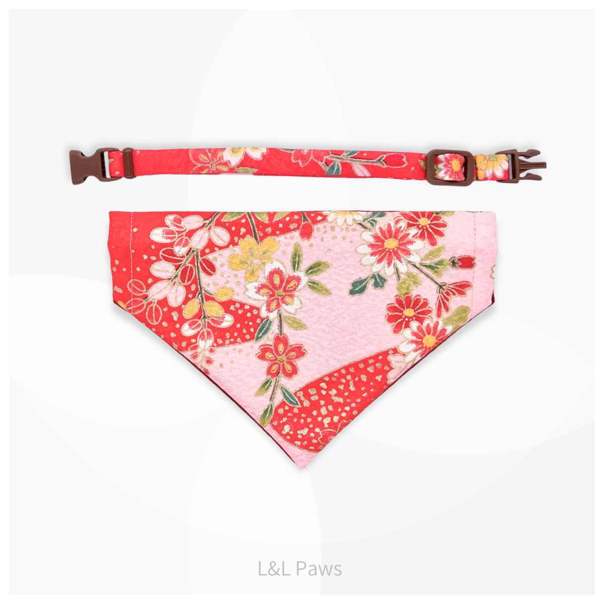 金彩友禅の和バンダナと首輪のセット ピンクb Authentic Japanese Bandanas 和なバンダナ 犬 猫 ペット 和柄 日本製 手作り ギフト エルエルポウズ