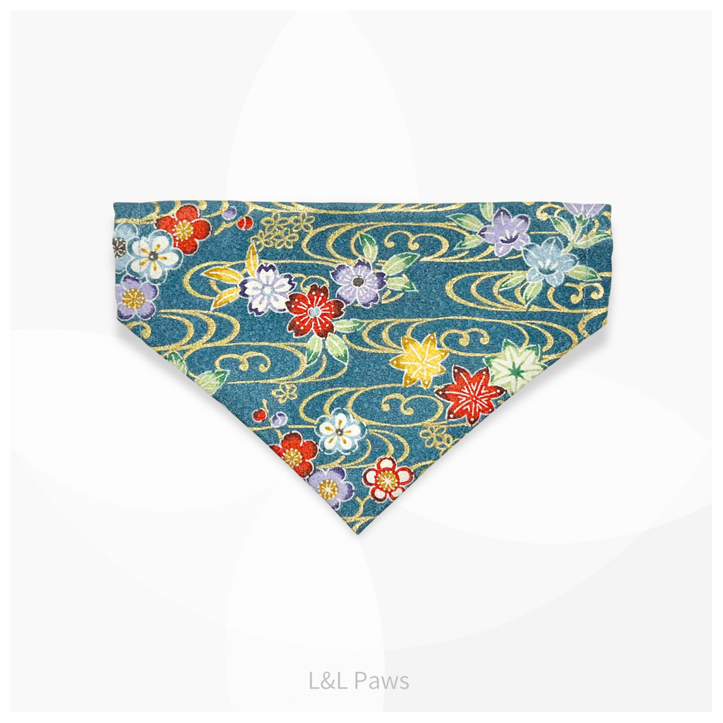 金彩友禅の和バンダナ 青 Authentic Japanese Bandanas 和なバンダナ 犬 猫 ペット 和柄 日本製 手作り ギフト エルエルポウズ