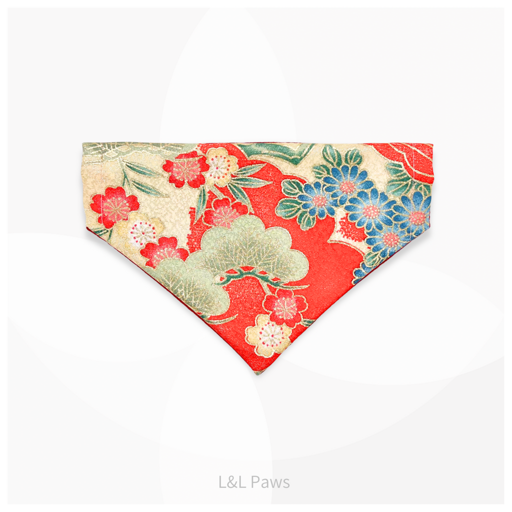金彩友禅の和バンダナ 赤a Authentic Japanese Bandanas 和なバンダナ 犬 猫 ペット 和柄 日本製 手作り ギフト エルエルポウズ