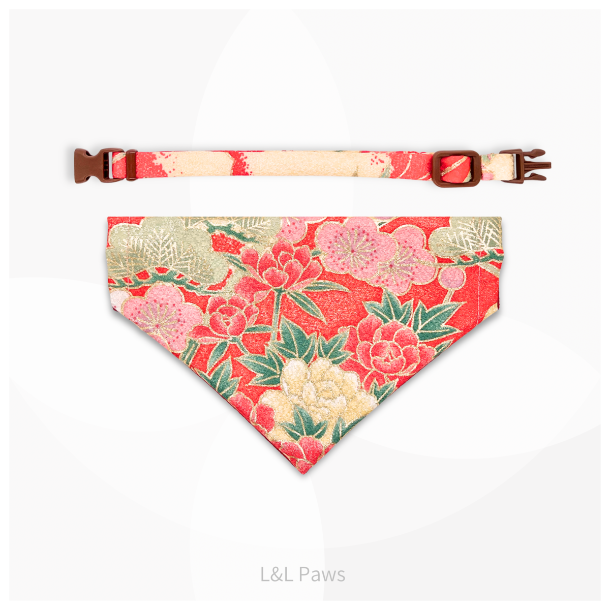 金彩友禅の和バンダナと首輪のセット 赤b Authentic Japanese Bandanas 和なバンダナ 犬 猫 ペット 和柄 日本製 手作り ギフト エルエルポウズ