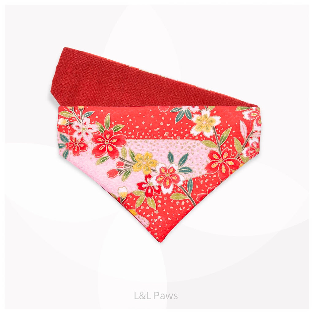金彩友禅の和バンダナと首輪のセット ピンクa Authentic Japanese Bandanas 和なバンダナ 犬 猫 ペット 和柄 日本製 手作り ギフト エルエルポウズ