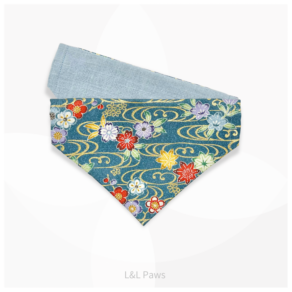 金彩友禅の和バンダナ 青 Authentic Japanese Bandanas 和なバンダナ 犬 猫 ペット 和柄 日本製 手作り ギフト エルエルポウズ