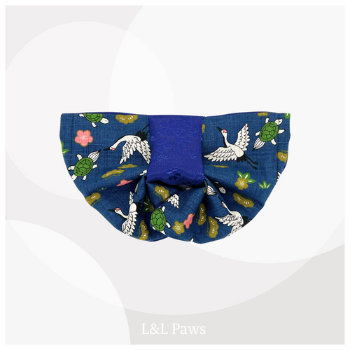 祝い鶴 青 - 帯バンダナ Obi Bow Bandanas 帯バンダナ 犬 猫 ペット 和柄 日本製 手作り ギフト エルエルポウズ